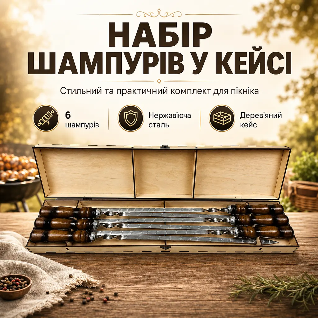 Набір шампурів у фанерному кейсі на 6 шт №2, нержавіюча сталь 3 мм, дерев’яні ручки - фото 2