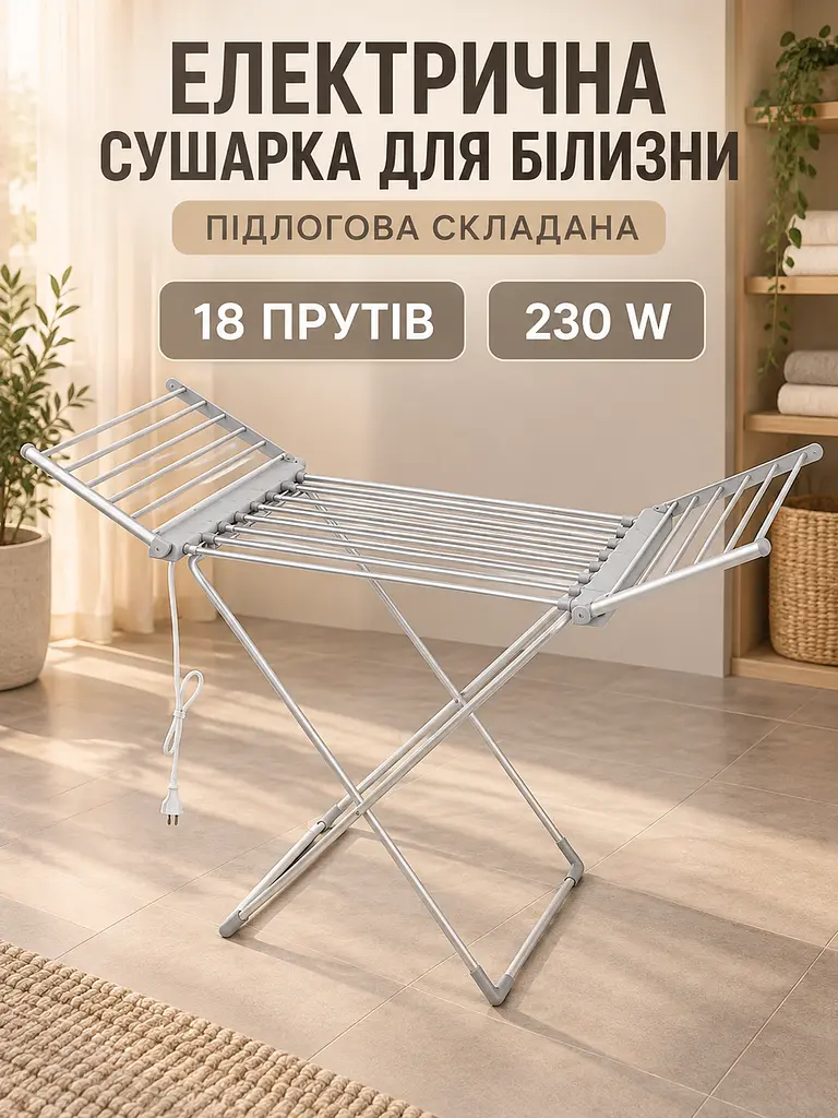 Електрична сушарка для білизни складана 18 прутів 146×55×74 см 230 W до 15 кг (49676054) - фото 2
