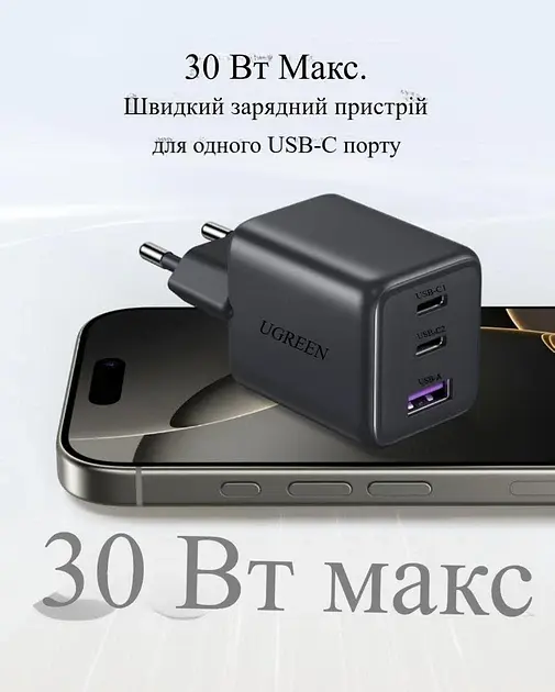 Зарядний пристрій UGREEN X515 GaNInfiniti 30W Fast Charger 3-Port для iPhone 16 15 14 Pro MAX, Samsung Galaxy, Xiaomi Tablet, iPad - фото 2