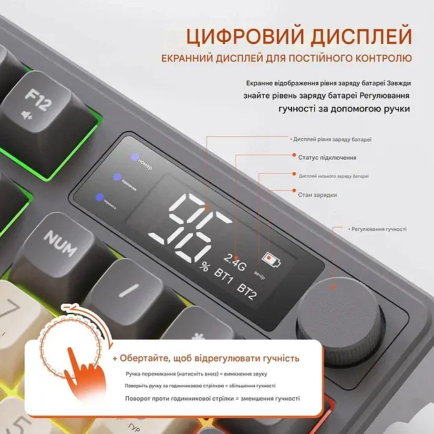 Ігрова бездротова клавіатура FREEWOLF M96 / RGB / З екраном / Два режими підключення - фото 4