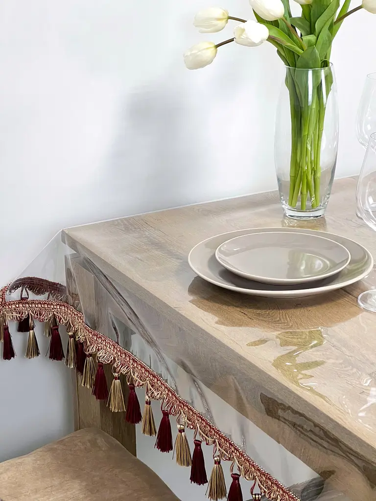 Скатертина силіконова з бордово-молочною бахромою 390х110 см - фото 7