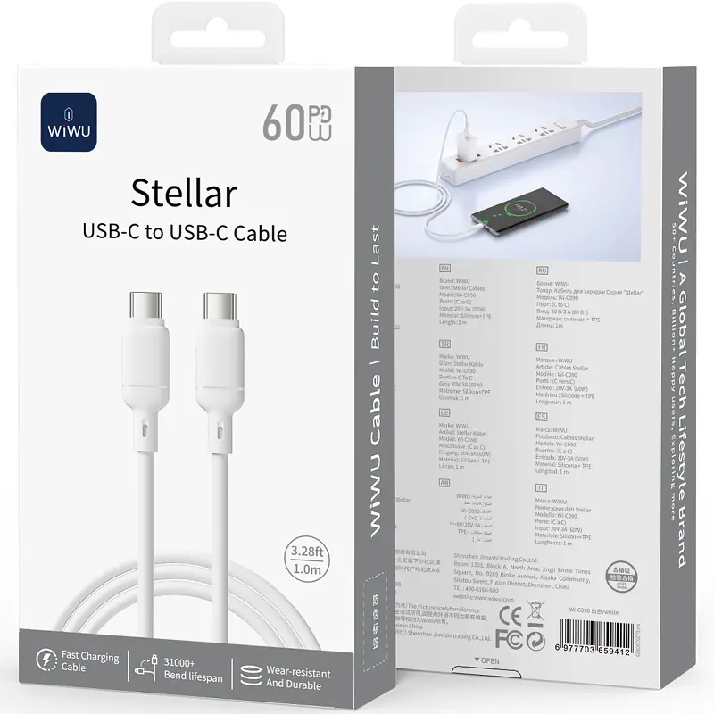 Дата кабель WIWU C090 Stellar Type-C to Type-C 60W 1 м White - фото 3