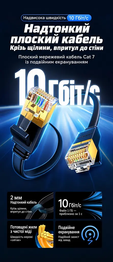 Плоский мережевий кабель UGREEN NW106 2 м патч-корд Ethernet RJ45 штекер на RJ45 штекер Cat 7 до 10 Гбіт/с екранований U/FTP жили з чистої міді 600 МГц чорний (11261) - фото 8