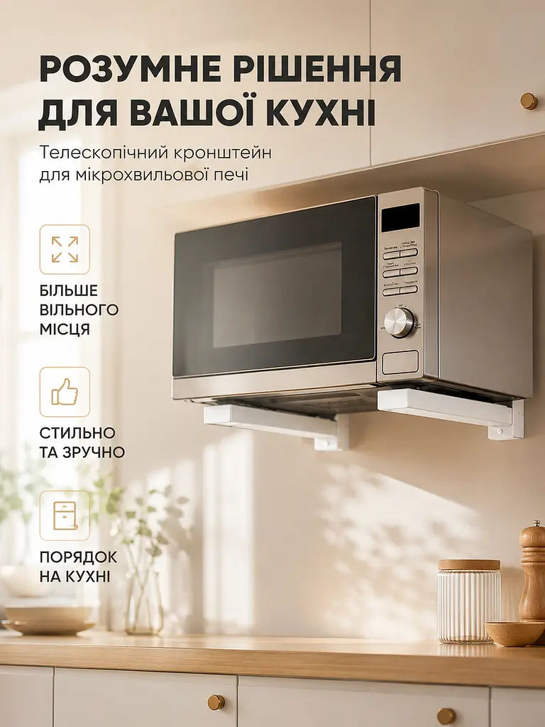 Кронштейн для мікрохвильової печі телескопічний 250–465 мм, настінна регульована підставка (49676255) - фото 8