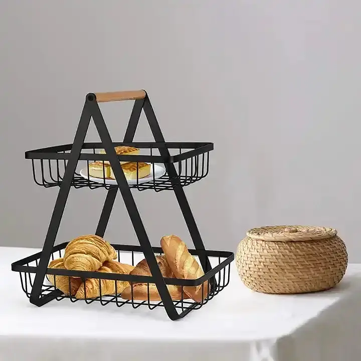 Настільний двоярусний кошик - фруктівниця з дерев'яною ручкою Double Fruit Basket · Розбірний металевий кошик для фруктів - фото 3