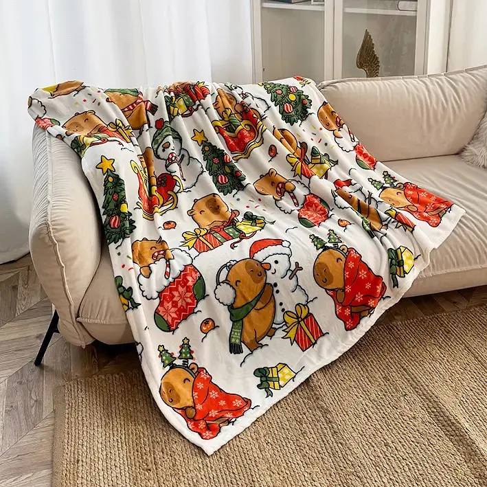 Плед Love You Капібарки і сніговики 150x200 см велсофт молочний з принтом (9118)