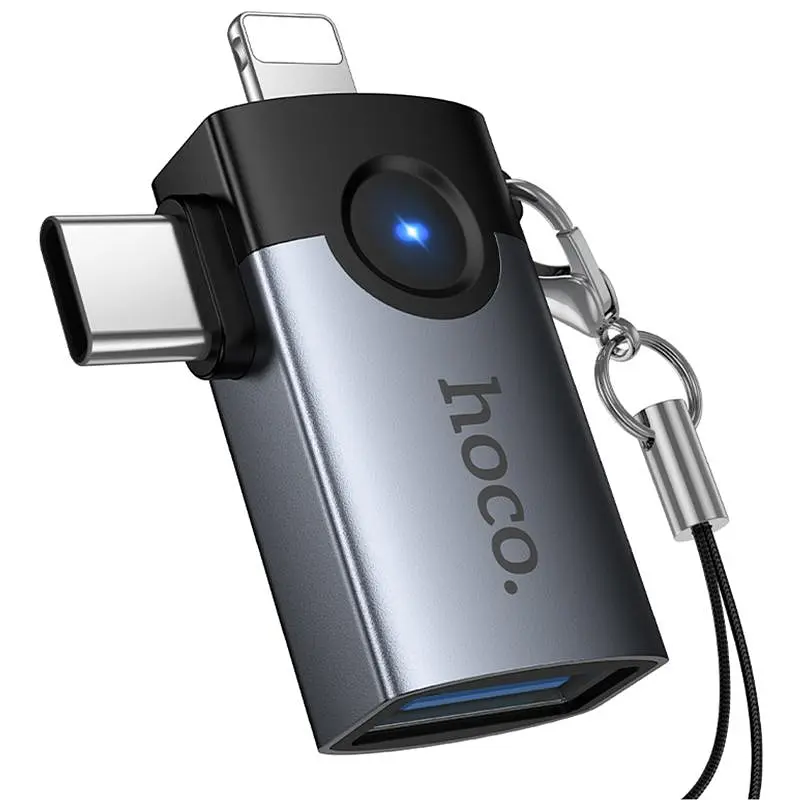 Перехідник Hoco UA46D OTG 2in1 Lightning male/Type-C male to USB female Metal gray - фото 6