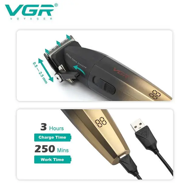 Машинка для стрижки VGR V-003 акумуляторна Professional Turbo 6 Золотий насадок з Чорним 5 Вт - фото 6