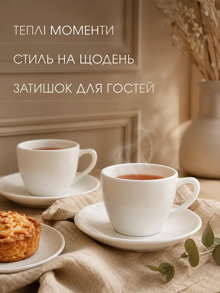Чайний сервіз скляний білий на 6 персон 12 предметів, чашки 200 мл, блюдця 14,5 см (49676224) - фото 7
