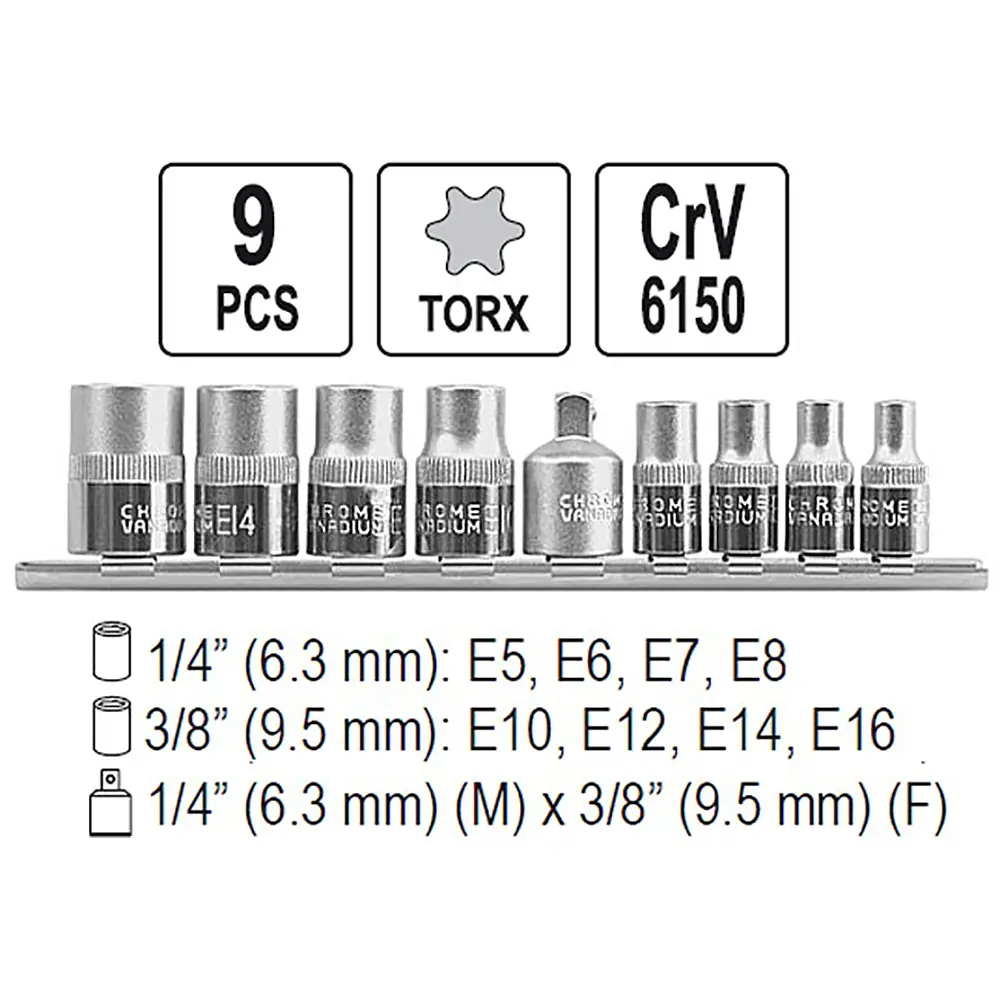 Набір головок Yato TORX Е5-Е16 квадрат 1/4" торцеві з перехідником M=3/8", 9 шт. (YT-0520) - фото 4