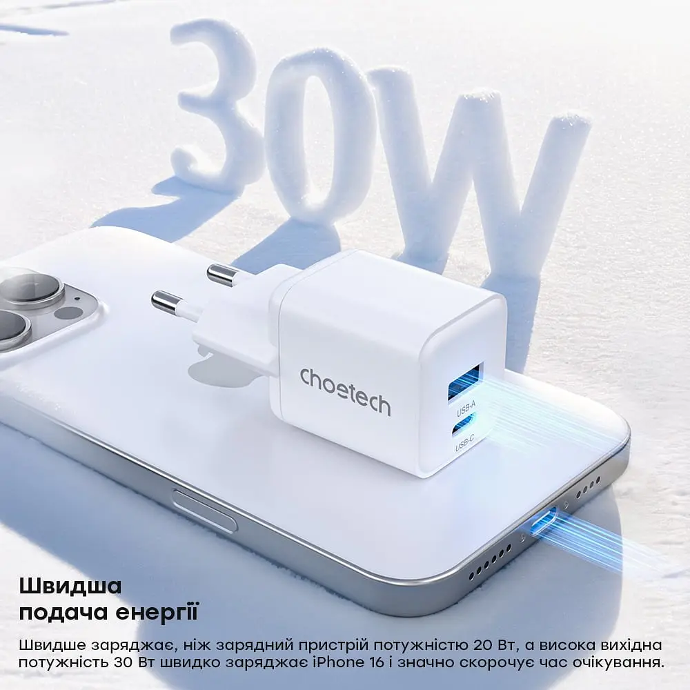 Мережевий зарядний пристрій Choetech PD5012 mini PD30W GAN A+C White (43-00140) - фото 4