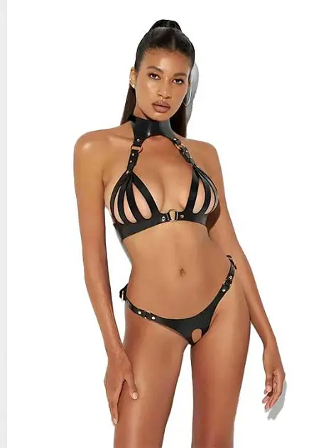 Еротичний комплект білизни з екошкіри Ari Leather Bra з відкритим бюстгальтером та стрингами з вирізом Розмір S-L — БДСМ набір - фото 4