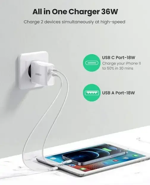 Адаптер питания для телефона Ugreen CD170 White USB+USB Type-C Wall Charger 36W 3A - фото 4