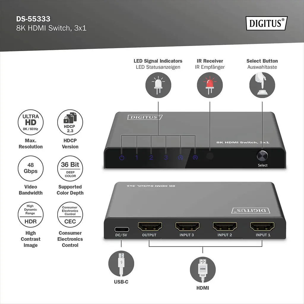 Відеокомутатор Digitus UHD HDMI (INx3 – OUTx1), 8K - фото 5