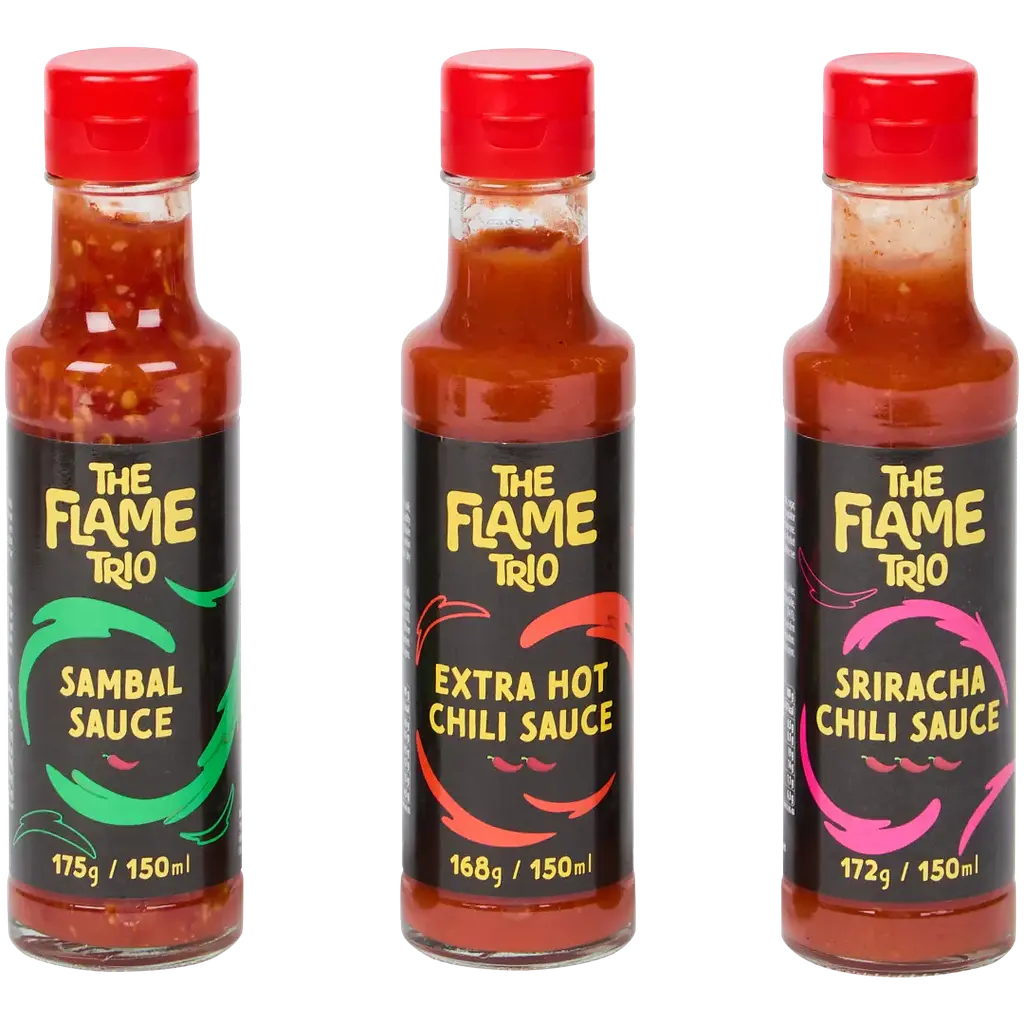 Набір гострих соусів The Flame Trio Hot Sauces Sambal Extra Hot Chili Sriracha 450 мл - фото 2