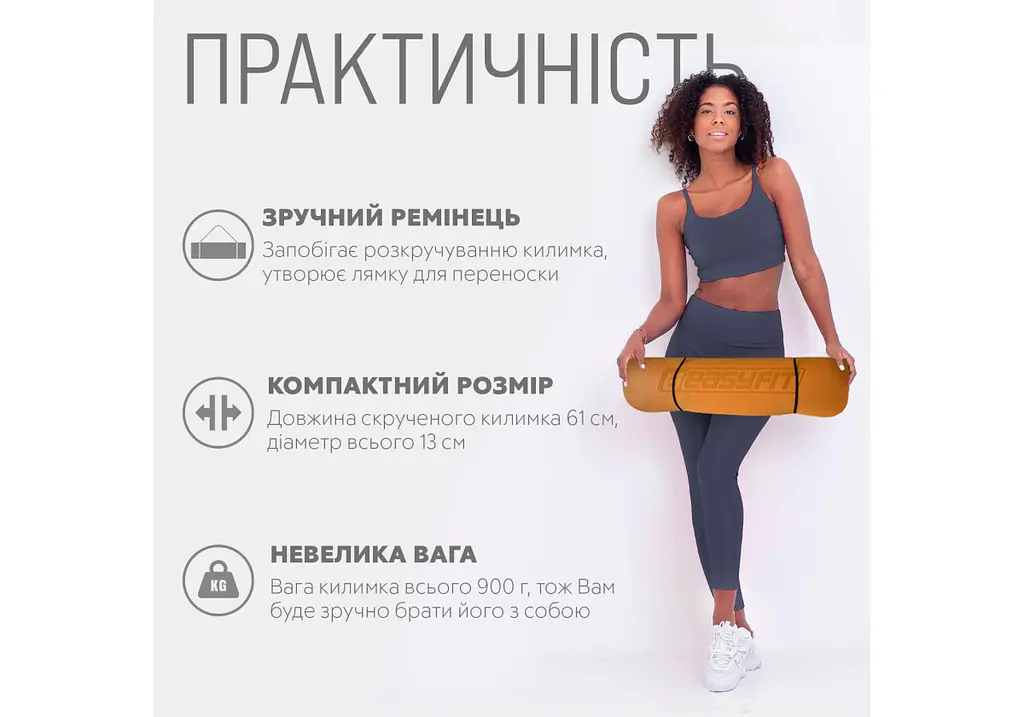 Килимок для йоги та фітнесу EasyFit TPE+TC 6 мм двошаровий оранжево-чорний (EF-1924-ORB) - фото 2