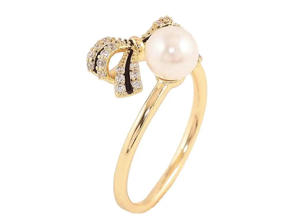 Каблучка XUPING Позолота 14K "Бант з кристалами, чорною емаллю та перлиною" 11199 р.16-17 - фото 2