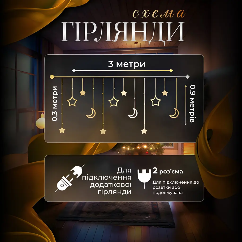 Гірлянда-штора Місяць та зірки розмір 3*0,9 м 12 фігур, жовтий GarlandoPro WYF11Y - фото 18