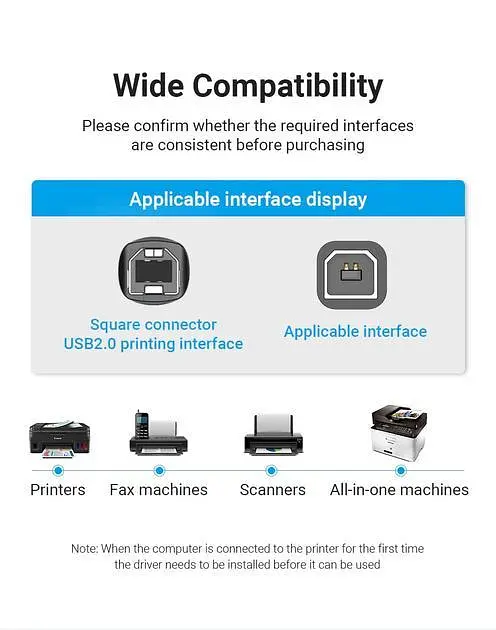 Кабель Vention USB type А 2.0 — USB type B для принтерів, БФП 2.0 480 Мбіт/с 2 A 2 м Black (COQBH) - фото 6