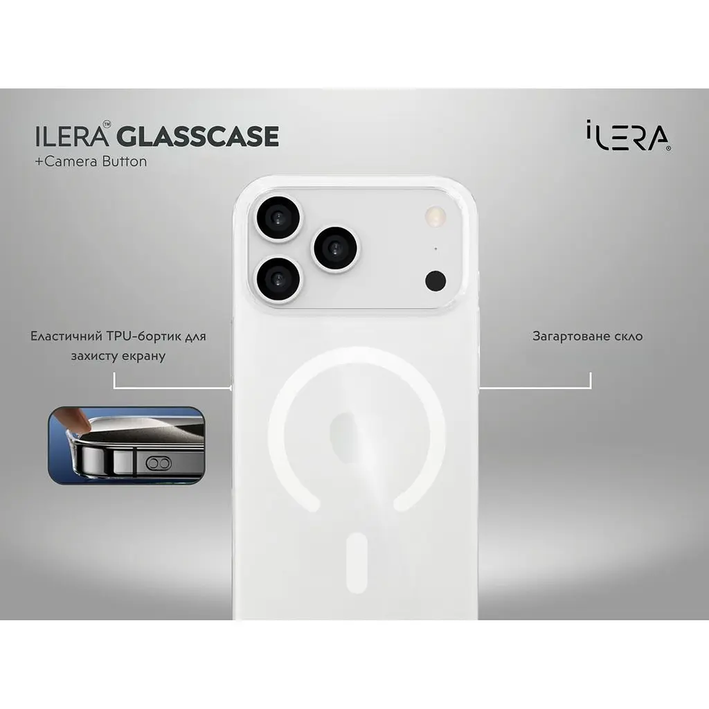 Чохол iLera GlassCase + Camera Button with MagSafe для Apple iPhone 17 Pro Max Transparent (ILGCLCa17PrMx) [150420] - фото 6