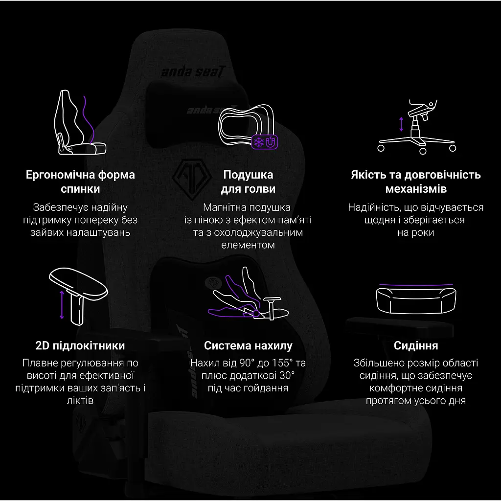 Крісло ігрове Anda Seat Novis Plus XL Grey Fabric (AD23YC-XL-01-G-F-G04) - фото 14