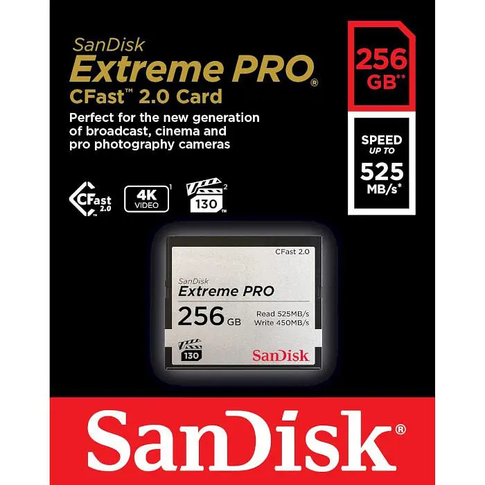 Карта пам'яті Sandisk 256GB CFAST 2.0 Extreme PRO 525MB/s VPG130, EAN: 619659145262 (SDCFSP-256G-G46D) - фото 2