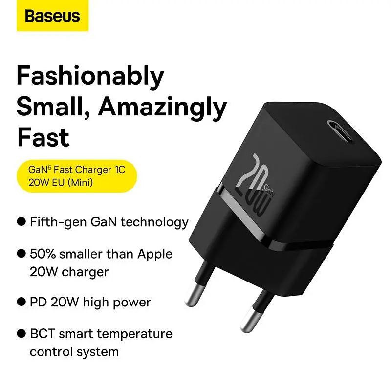 Блокировка быстрой зарядки адаптер питания Baseus GaN5 Fast Charger (mini) OS 1 USB-C 20 W черный - фото 6