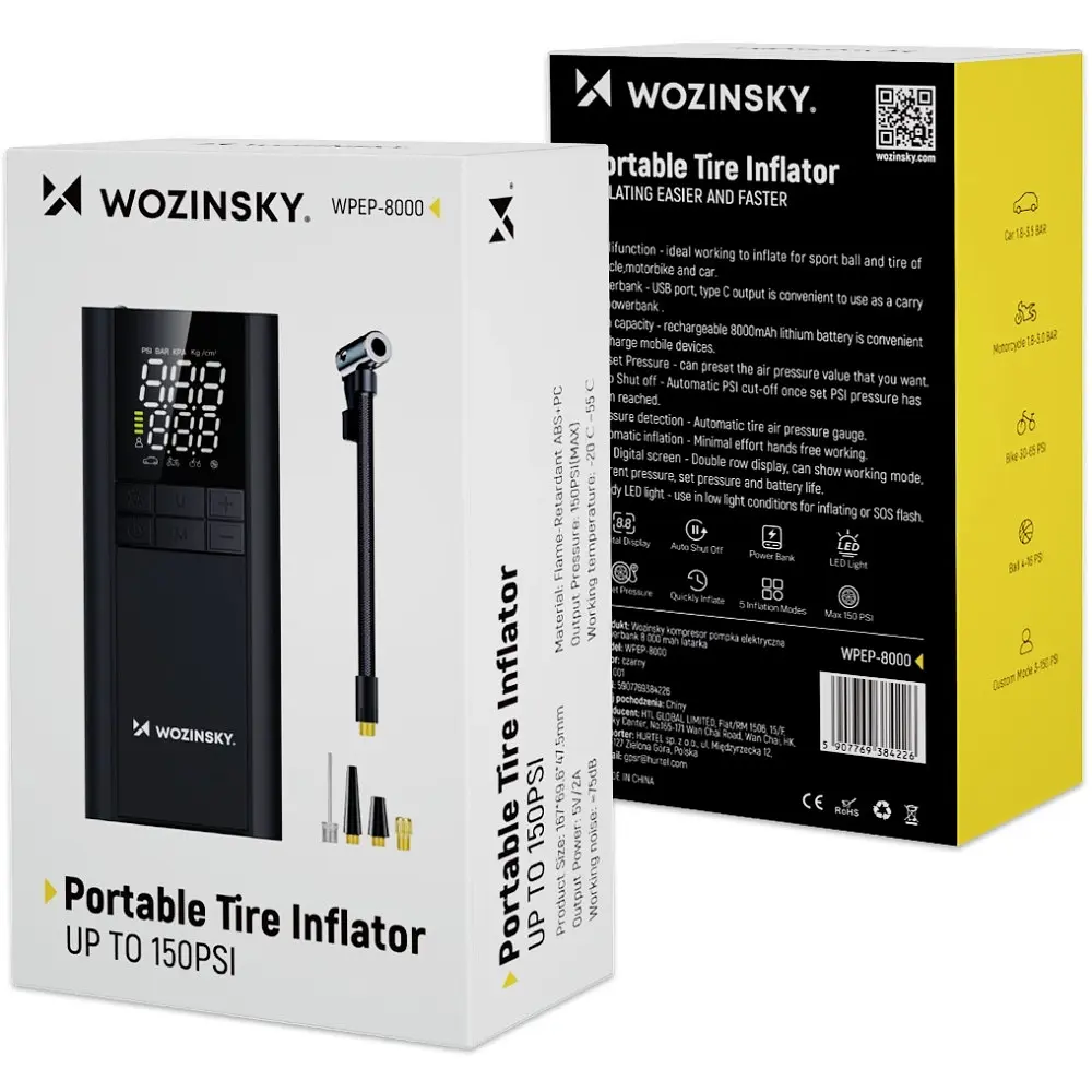 Автомобільний портативний компресор Wozinsky WPEP-8000 150 PSI, Power Bank 8000 мАг, Чорний - фото 6