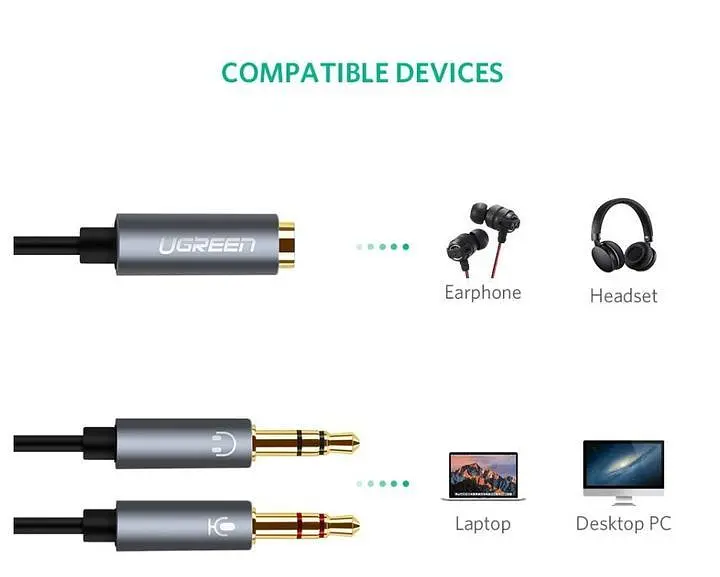 Спліттер UGREEN AV140 перехідник-розгалужувач 3.5мм 2 AM to 3.5 мм AF ABS Black (20898) - фото 4