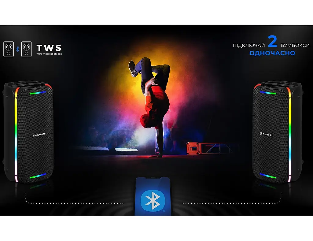 Портативна колонка бумбокс REAL-EL X775-PSS Boombox 80W Bluetooth TWS, RGB, Black - фото 9