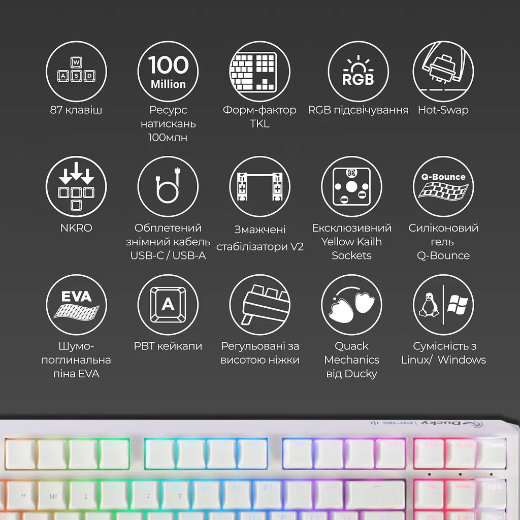Клавіатура Ducky One 3 TKL Cherry MX Blue RGB White (DKON2187ST-CUAPXPWWWSC1) UA [128815] - фото 10