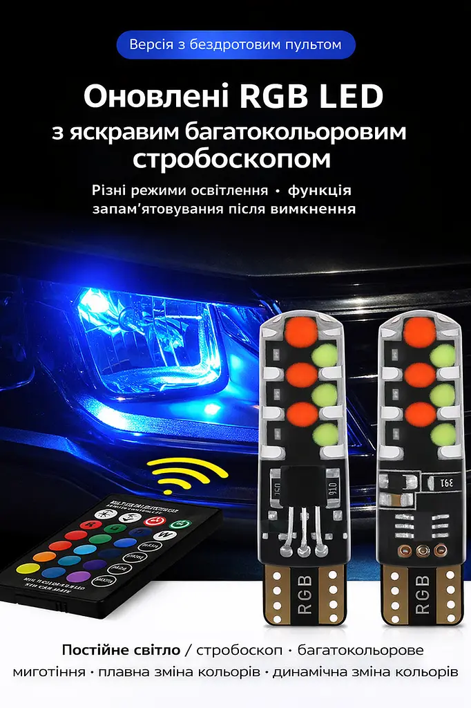 LED автолампи T10 з пультом ДК та стробоскопом RGB – кольорові габаритні світлодіодні лампи для авто - фото 6