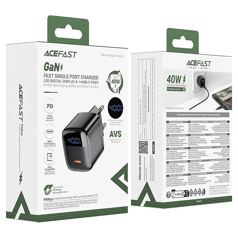 Адаптер мережевий AceFast GaN charger USB-C with digital display A135 1Type-C, 40W/3A, PD/QC - фото 2