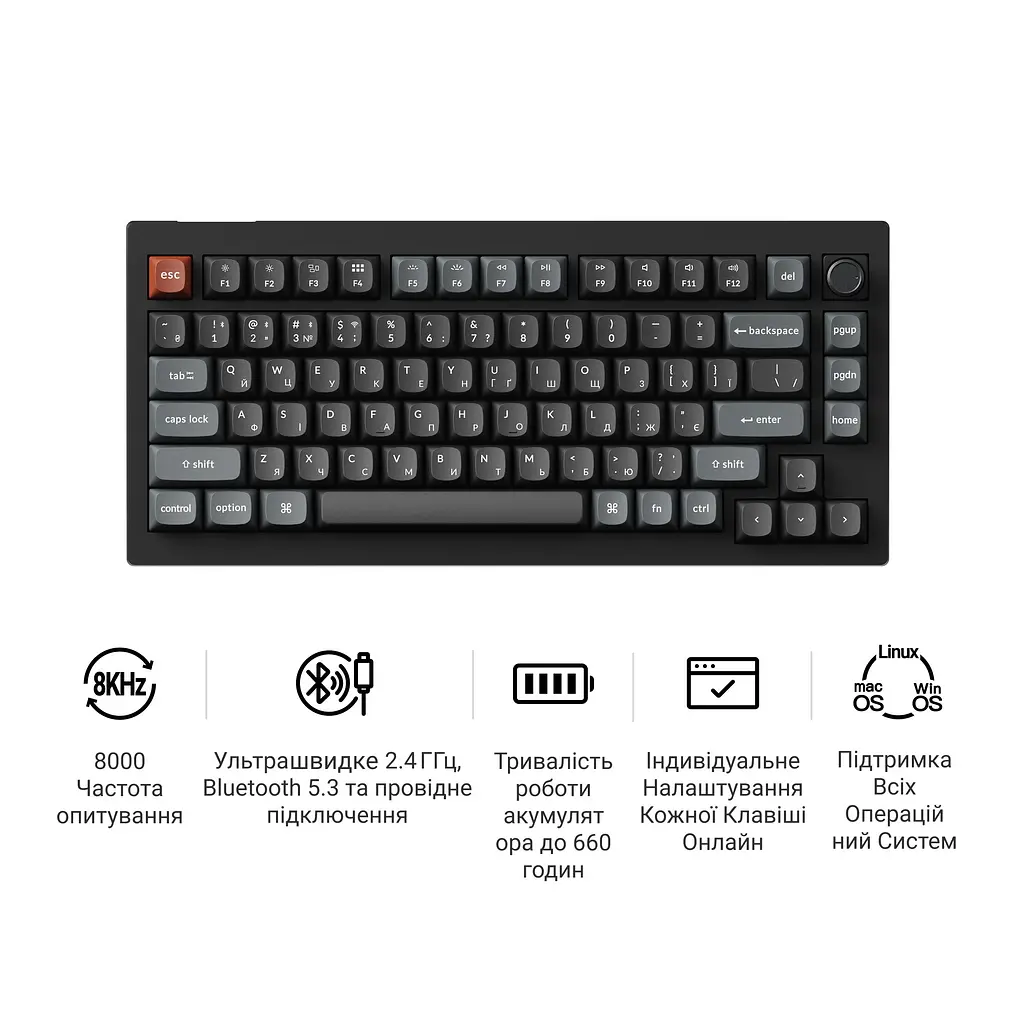 Клавіатура бездротова Keychron V1 Ultra Keychron Red Switch Black RGB (V1U-D1-UA) - фото 8