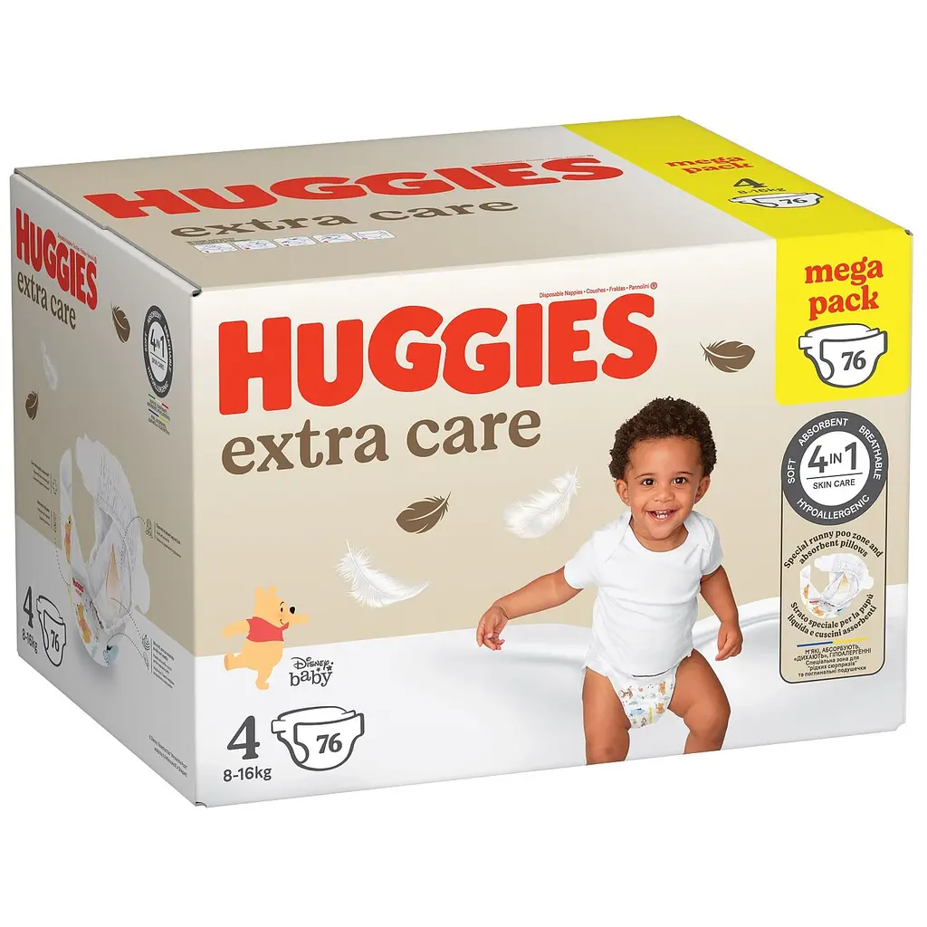 Набір підгузків Huggies Extra Care Box 4 (8-16 кг), 76 шт. + вологі серветки Huggies Pure без пластику 48 шт. - фото 2