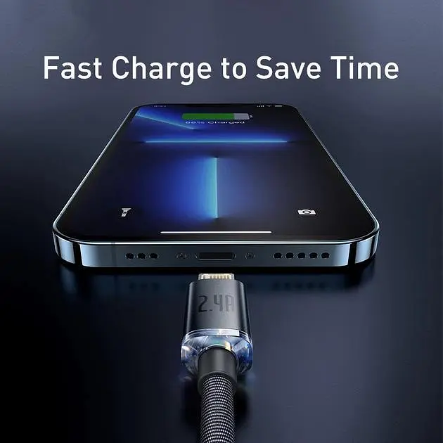 Кабель Baseus Crystal Shine Series Fast Charging Data Cable USB to iP 2.4 A 2 m Black (CAJY000101) - фото 3