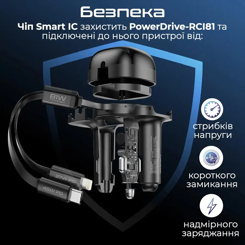 Зарядное устройство Promate 1xUSB-C PD + 1xUSB + cable USB-C/Lightning max 81W black (powerdrive-rci81) - фото 8