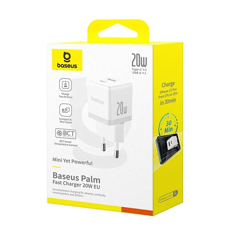 МЗП Baseus Palm Fast Charger 20W (1USB-A/1C) + кабель Type-C to Type-C (P10111608) Moon White - фото 6