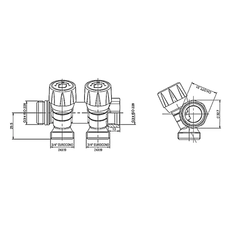 Колектор з регулюючими вентилями на Roho 2 вих. R809-02 - 3/4"x3/4" Ek RO0249 - фото 2