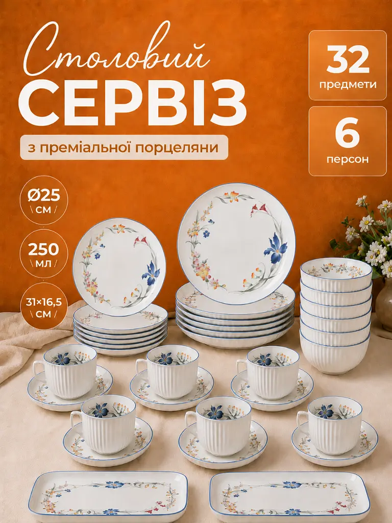 Столовий сервіз обідній та чайний порцеляновий на 6 персон 32 предмети для сервірування столу та подарунка, білий з синім - фото 2
