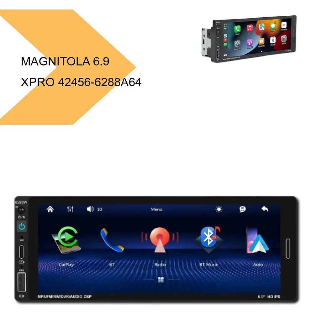 Универсальная магнитола 1DIN с экраном 6.9 и поддержкой CarPlay, XPRO, Android 12, 4+64GB (42456-6288A64_3234) - фото 2