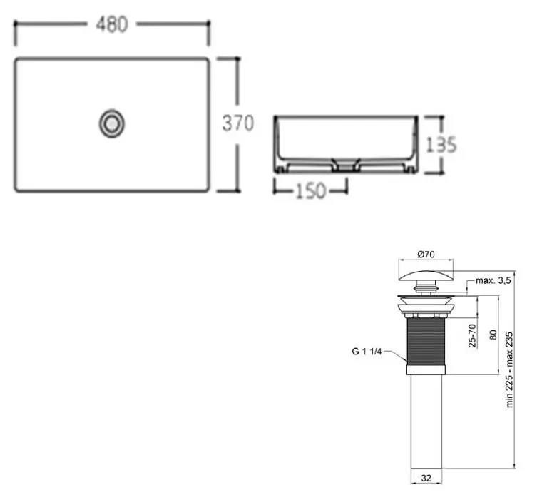 Комплект Qtap Tern: Раковина накладна прямокутна 480х370х135 мм White + Донний клапан PU02 (QT17112074WN47301) - фото 6