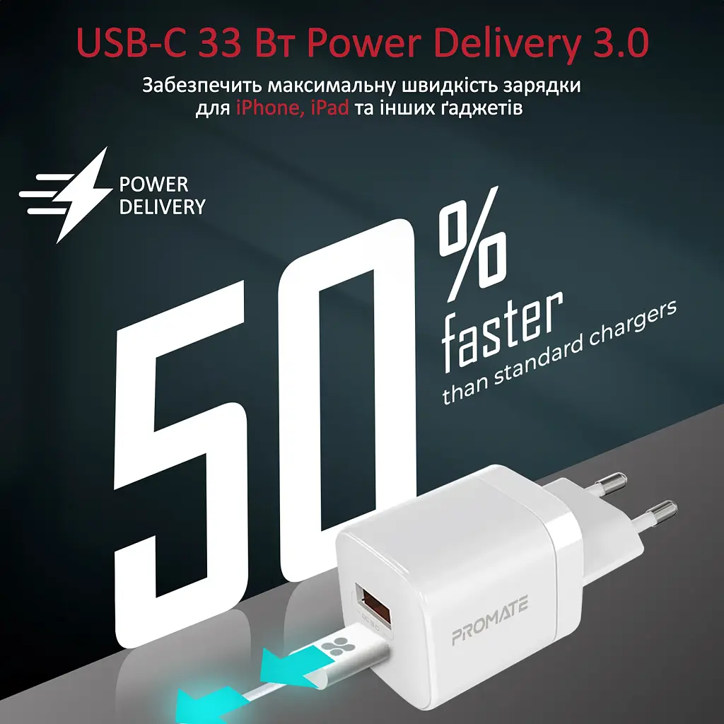 Зарядний пристрій Promate 33W USB-C + USB-A (powerport-33.white) - фото 5