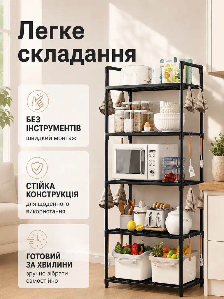 Полиця-органайзер етажерка 5 ярусів 147x50.5x27 см для кухні та ванної, чорна (49675903) - фото 6