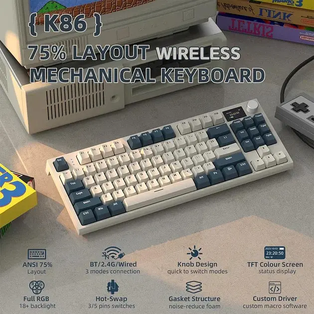 Игровая беспроводная механическая клавиатура Attack Shark K86 / Три режима подключения / Linear Blue Whale Switches / White Blue - фото 2