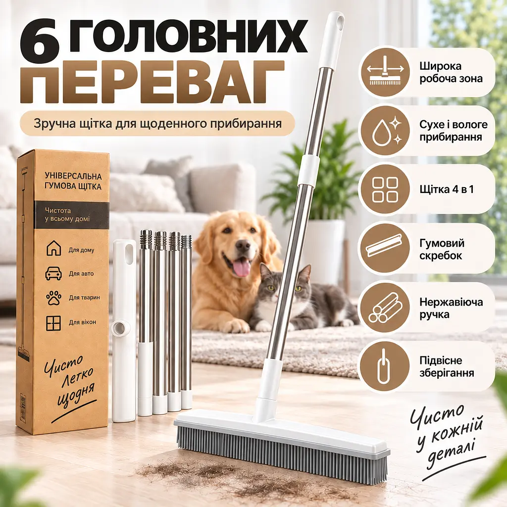 Універсальна гумова щітка-швабра 4 в 1 для підлоги, килимів, шерсті та вікон, ручка з нержавіючої сталі KT9005101 - фото 3