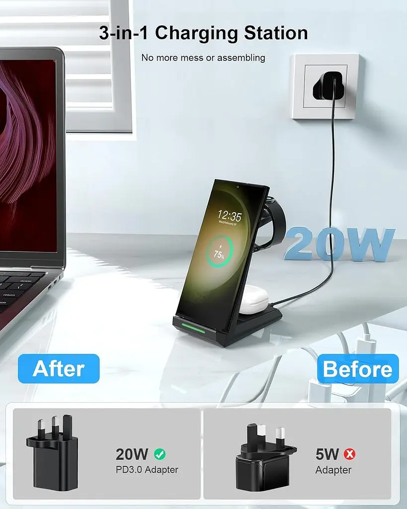 Бездротова зарядна станція 3-в-1 для Samsung Galaxy, Watch і Buds, швидка Qi зарядка - фото 3