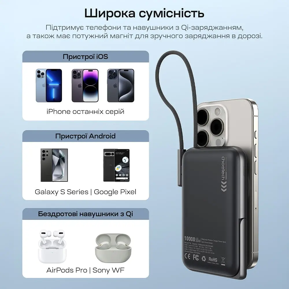 Повербанк 10000mAh Choetech B735 Black QC3.0 PD3.0 бездротова магнітна зарядка, вбудований кабель, підставка (43-00149) - фото 7