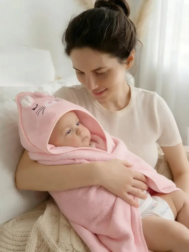 Дитячий рушник пончо з кутиком дитяче з капюшоном для купання немовлят дівчинки хлопчика 80х80 см рожевий - фото 6