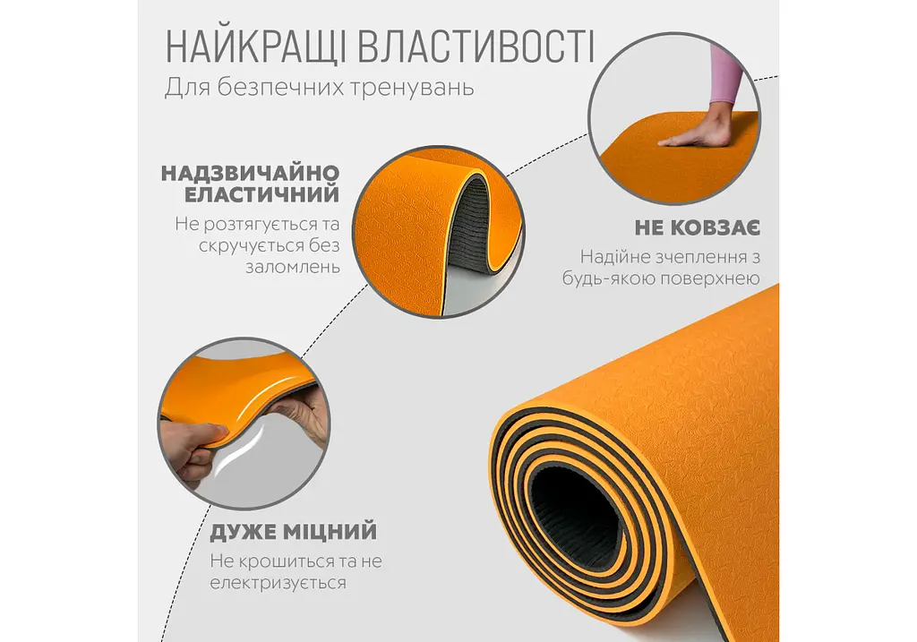 Килимок для йоги та фітнесу EasyFit TPE+TC 6 мм двошаровий + Чохол помаранчевий з чорним (EF-1924s-ORB) - фото 3